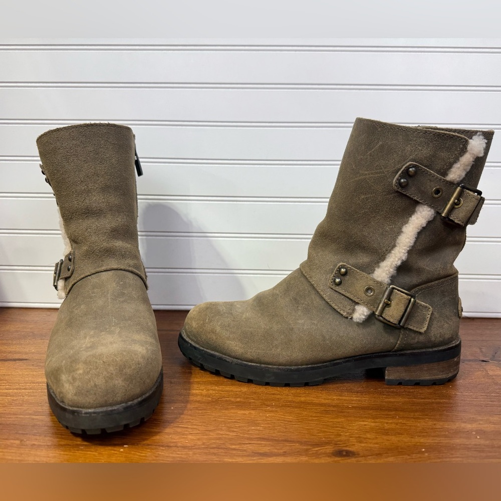 UGG Taupe Suede Shearling-Trim Combat Moto Boots